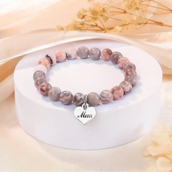 💗HP💗 Pink Zebra Jasper Stone Adjustable 8mm Beaded Bracelet, Silver Mom Charm - Picture 1 of 5